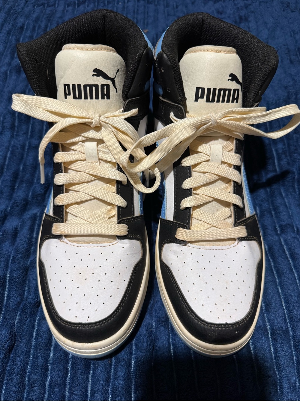 Puma Men’s High-Top Sneakers in White, Black & Cream with Blue Accents